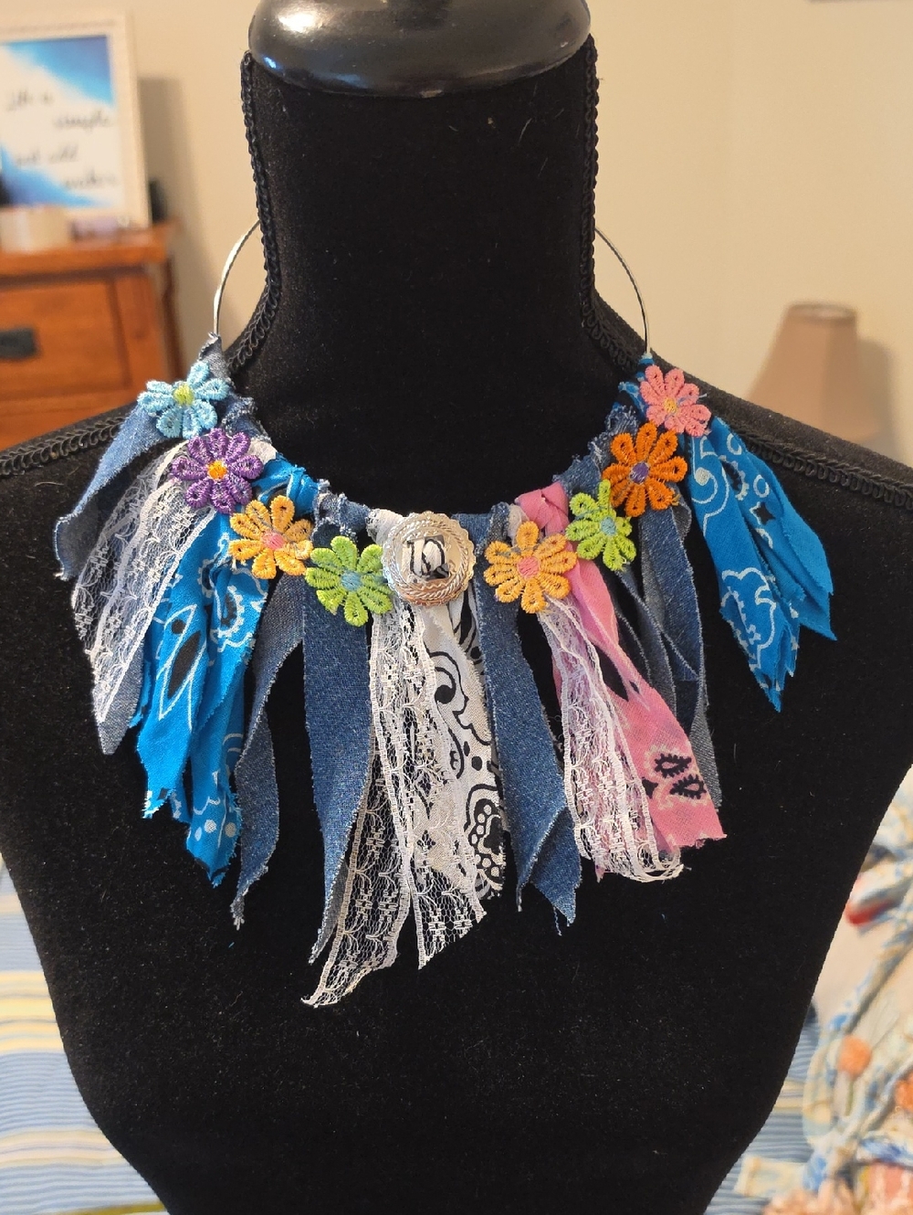 Boho Blue Floral Fringe Necklace with Multicolor Accents